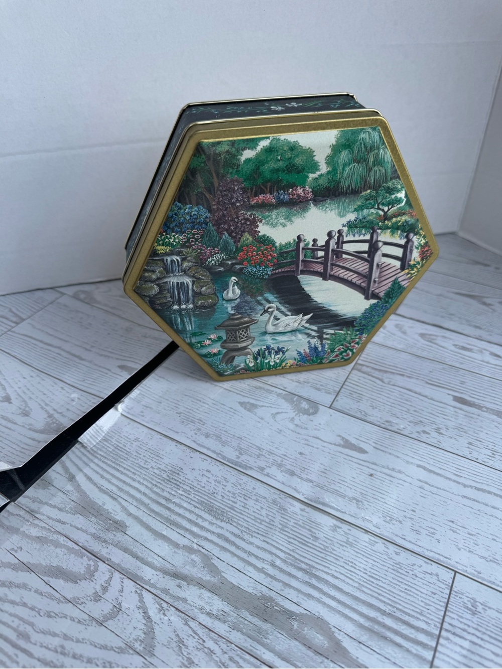 Decorative Hexagon Tin Box with Scenic Swan Pond Artwork - Green Vintage